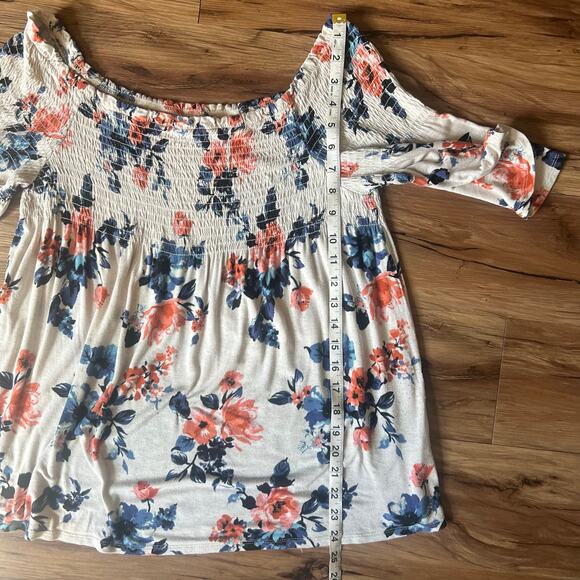 Cream Blue Pink Size XL Rewind Y2K Smocked Off The Shoulder Floral Print Top - Picture 7 of 7